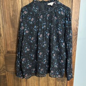 LOFT Floral Print Blouse in Black with Blue and Pink Accents